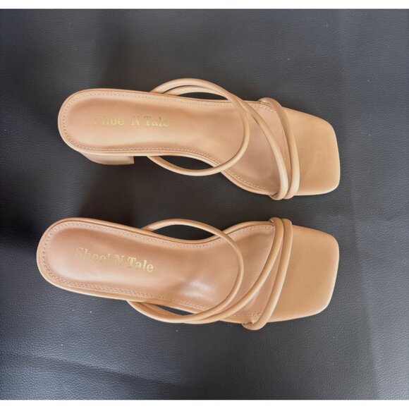 Beige Strappy Heeled Sandals Square Toe Slip-On Women's Shoes by ShoeN Tale Sz 6 - Picture 3 of 7